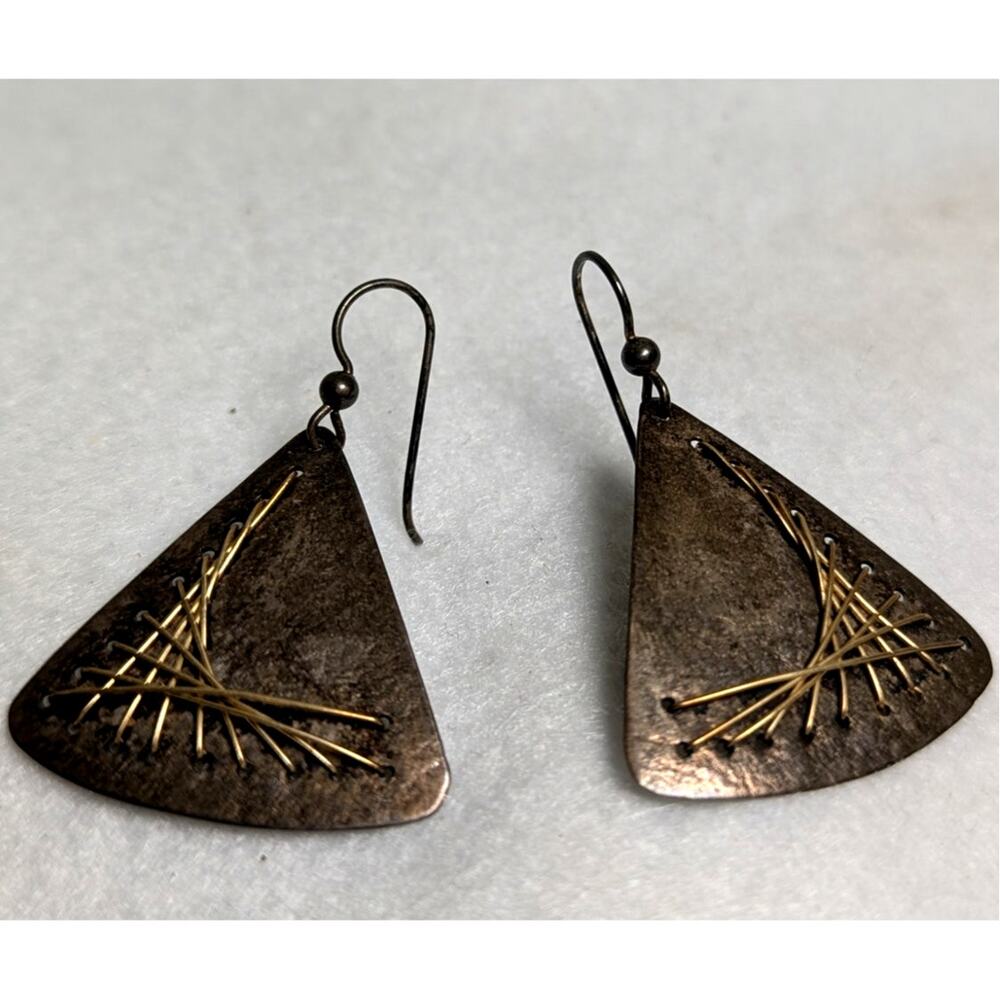 VTG Artisan Mixed Metal Triangle Earrings, Handcrafted Stitched Wire Design